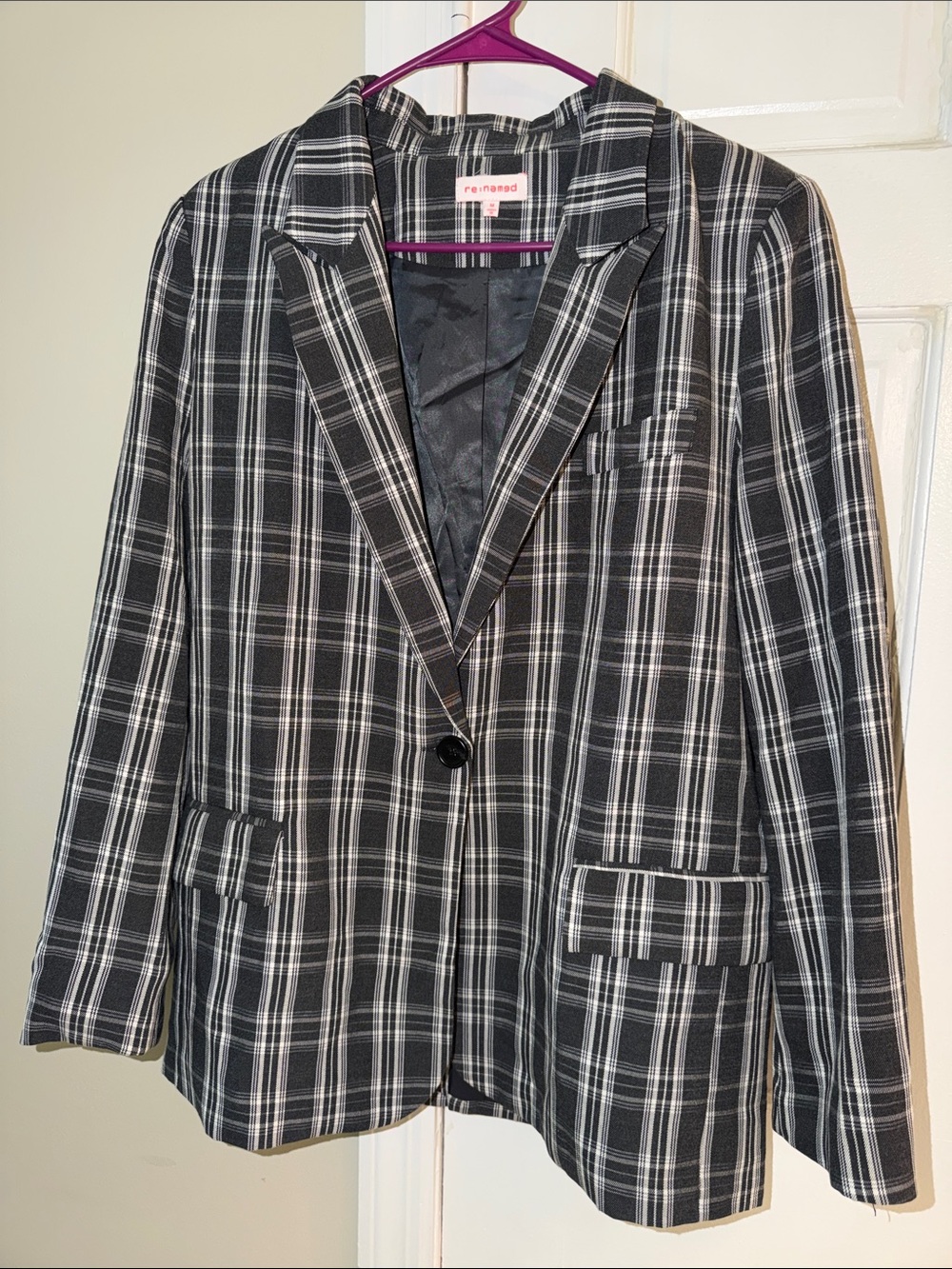 re:named Black & White Plaid Single-Button Blazer